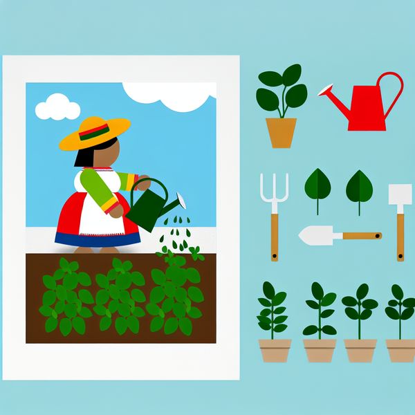 Een minimalistische tuin met een persoon die kruiden zoals basilicum en tijm verzorgt.