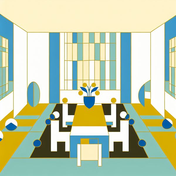 Vergaderkamer illustratie in minimalistische stijl voor taalonderwijs Minimalistische illustratie van een gezellige vergaderruimte in een kantoor, met een grote tafel, stoelen en abstracte figuren in gesprek