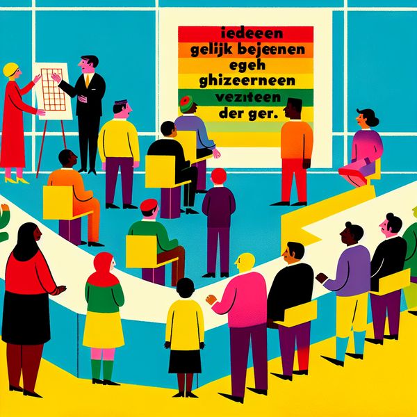 Minimalistische Vergaderzaal met Divers Groep in Actieve Discussie Een levendig minimalistisch vergaderzaalscène geïnspireerd door Dick Bruna, waar een diverse groep mensen in een actieve discussie betrokken is.