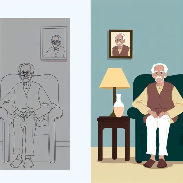 Visuele metafoor voor verslechtering en achteruitgang in minimalistische stijl Minimalistische illustratie van een kwetsbare oudere man in een fauteuil, omringd door symbolen van verslechtering zoals een verwelkte plant en een vervaagde foto
