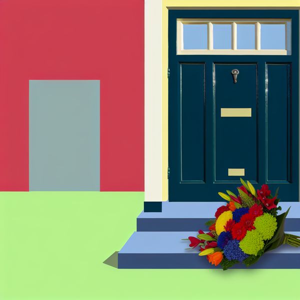 Minimalistische voordeur met bloemen - Dick Bruna stijl Minimalistische afbeelding van een deur met een kleurrijk bloemenboeket ervoor.