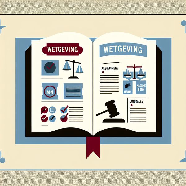 Minimalistische illustratie van een open boek met het label 'Wetgeving', omringd door symbolen zoals een hamer, rechtvaardigheidsschalen en een checklist.