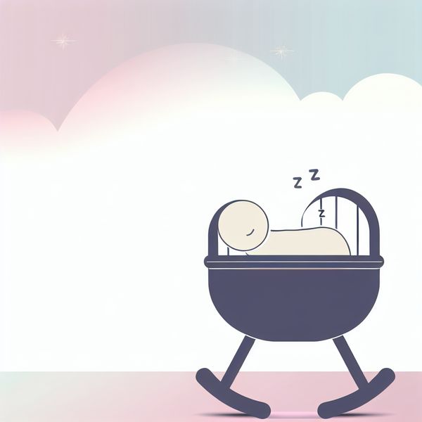 Minimalistische Wieg Illustratie voor Pasgeborene Een minimalistische illustratie van een schommelende wieg met een slapende baby, omgeven door pastelkleuren en een serene omgeving.