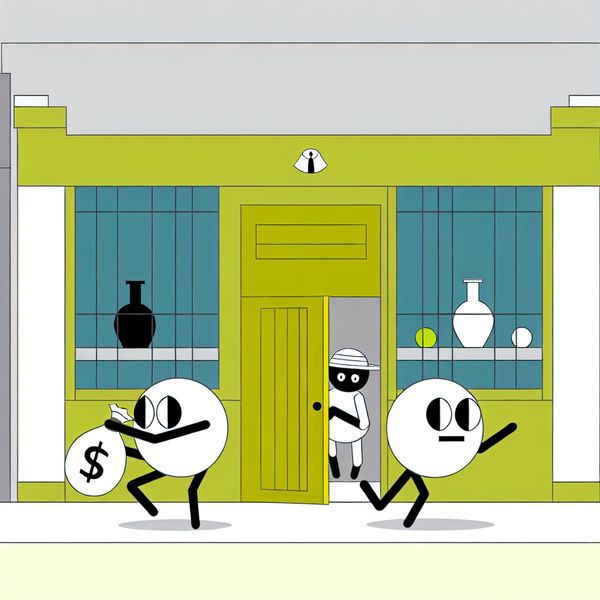 Beroving winkel illustratie - minimalistisch en leerzaam voor taalonderwijs Minimalistische illustratie van een beroving in een kleine winkel, geïnspireerd op de stijl van Dick Bruna, met twee gemaskerde overvallers en een geschrokken winkelier