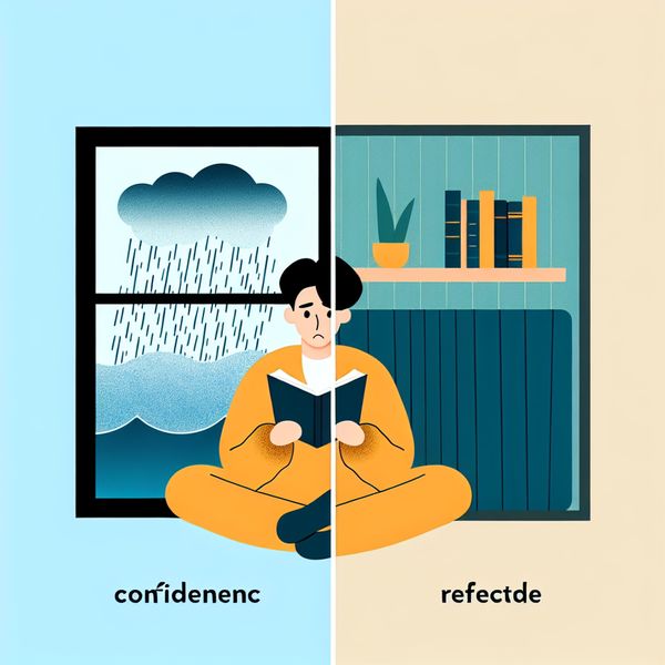 Minimalistische illustratie van een woonkamer met een raam waar het hard regent, een persoon leest een boek.
