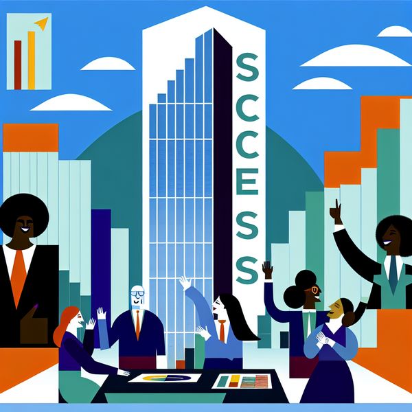 Minimalistische illustratie van zakelijk succes Minimalistische illustratie van een bloeiende zakelijke omgeving met het woord 'SUCCES' op een modern gebouw en blije zakenmensen die een presentatie vieren.