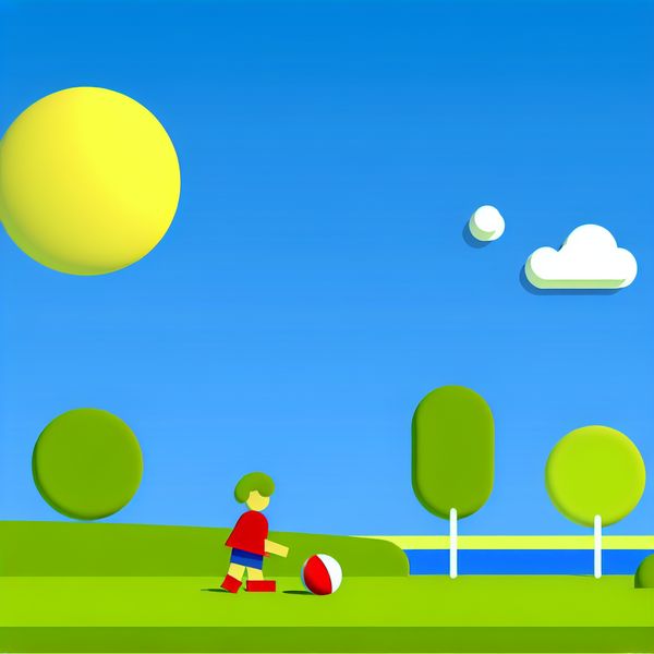Zomerse dag in Nederland: speelse kinderillustratie in Dick Bruna-stijl Minimalistische illustratie van een zonnige Nederlandse zomerdag met een kind dat met een gele strandbal speelt bij een kanaal