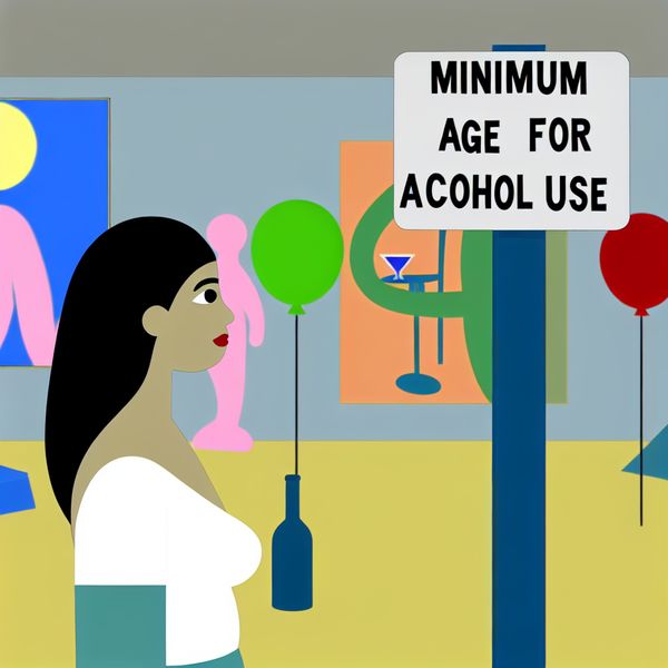 Minimumleeftijd voor Alcoholgebruik - Educatieve Illustratie Een jonge persoon staat zelfverzekerd naast een groot bord met de tekst 'Minimumleeftijd voor Alcoholgebruik', in een kleurrijke feestachtige omgeving met ballonnen en banners.