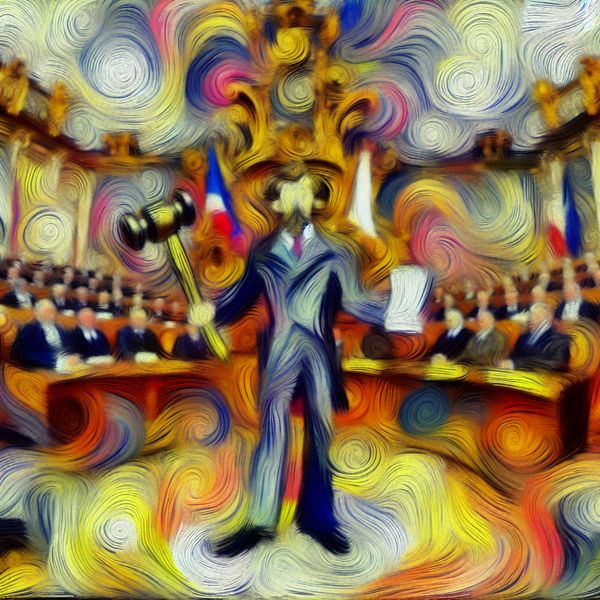 Abstract expressionistische voorstelling van een minister in een parlement, symboliserend leiderschap en verantwoordelijkheid in de politiek