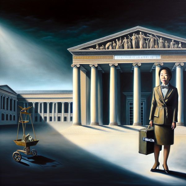 Hyperrealistisch schilderij van een vrouwelijke minister met een koffertje 'Financiën' voor een klassiek overheidsgebouw, symboliserend beleidsverantwoordelijkheid en portefeuille