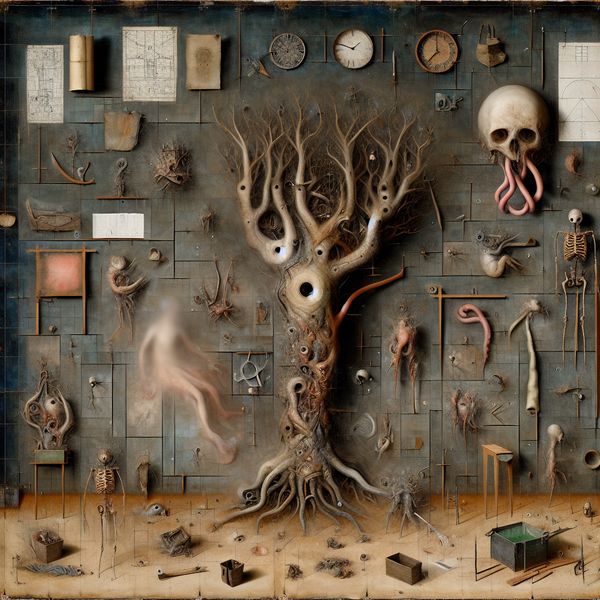 Mislukt project visualisatie: surrealistische metafoor voor falen en verloren inspanningen Surrealistisch tafereel van een mislukt project als een dode, verwrongen boom met bizarre wezens en vervagende hoop, geïnspireerd op Hieronymus Bosch