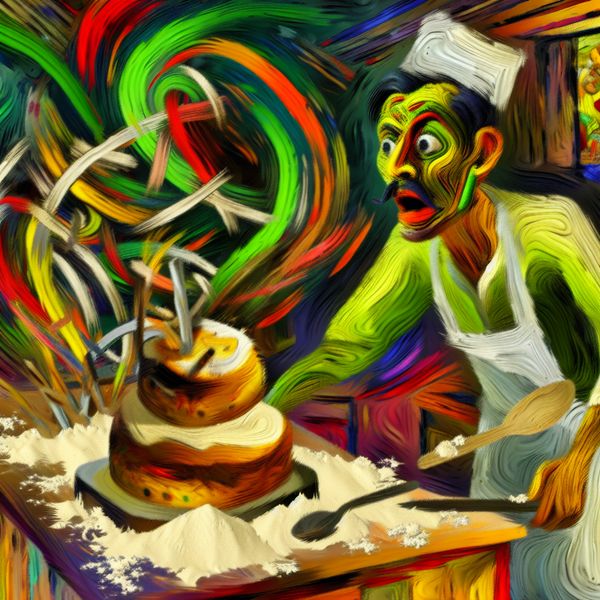 Mislukte bakpoging: abstracte weergave van falen in de keuken Abstract expressionistisch schilderij van een gefrustreerde persoon in een chaotische keuken na een mislukte bakpoging, met een verbrande taart en overal meel