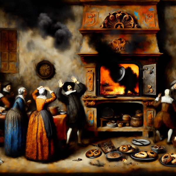 Dramatische 17e-eeuwse keukenscène met paniekerige gasten en een mislukte maaltijd, rook en chaos in Rembrandt-stijl