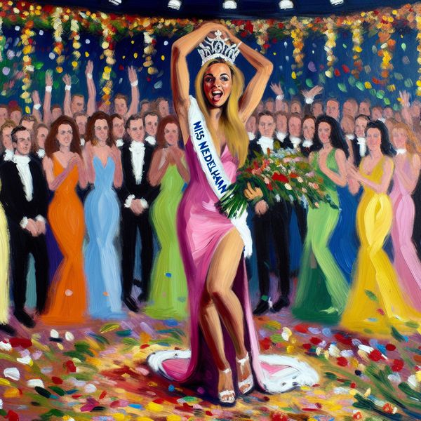 Miss Nederland 2020 Winnares Schoonheidswedstrijd Winnares van een schoonheidswedstrijd met kroon en sjerp 'Miss Nederland 2020' op een kleurrijk podium