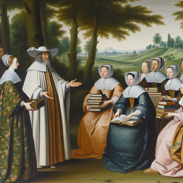 Een missionaris deelt kennis en boeken met inheemse mensen in een weelderig landschap, terwijl ze in traditionele kleding zijn gekleed.