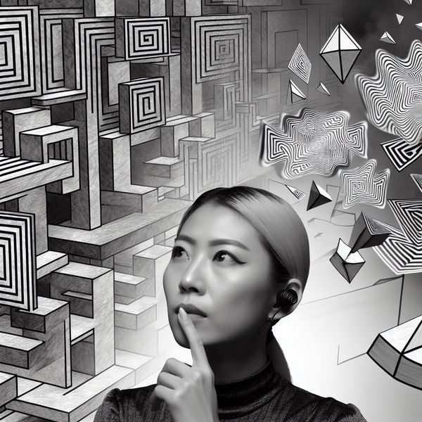 Surrealistische illustratie van een persoon die nadenkt, met een 'Mmm'-klankgolf die transformeert in geometrische patronen en optische illusies in de stijl van M.C. Escher, symboliserend twijfel en overpeinzing