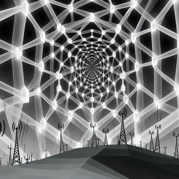 Mobiel internet en bereik in Europa: surrealistisch netwerk van draadloze connectiviteit Surrealistisch landschap geïnspireerd door M.C. Escher met een Europees netwerk van mobiel internet en bereik, weergegeven door gloeiende draadloze signalen en zendmasten