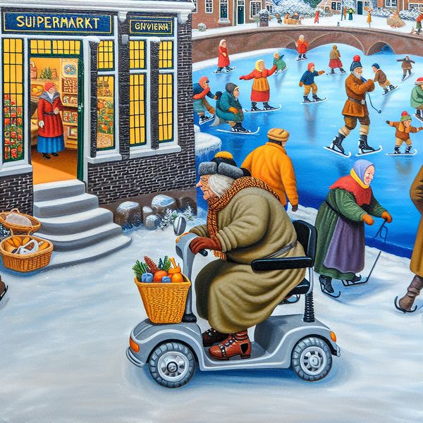 Oudere man rijdt met mobiele scooter door besneeuwd Nederlands dorp naar supermarkt, wintertafereel in stijl van Hendrick Avercamp