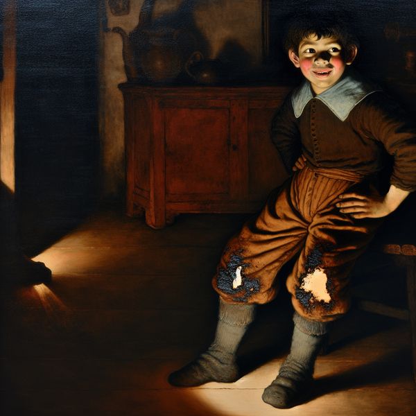 Moddervlek op kinderbroek: realistische schildering met dramatisch licht Jong kind met moddervlek op broek in 17e-eeuws Hollands interieur, realistisch geschilderd in chiaroscuro-stijl