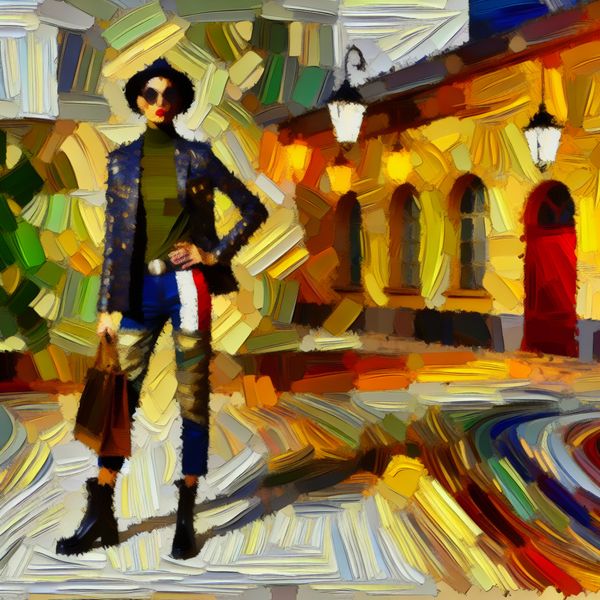 Modebewuste Dominique in een stedelijke omgeving met een opvallende stijl, omringd door abstracte achtergrond