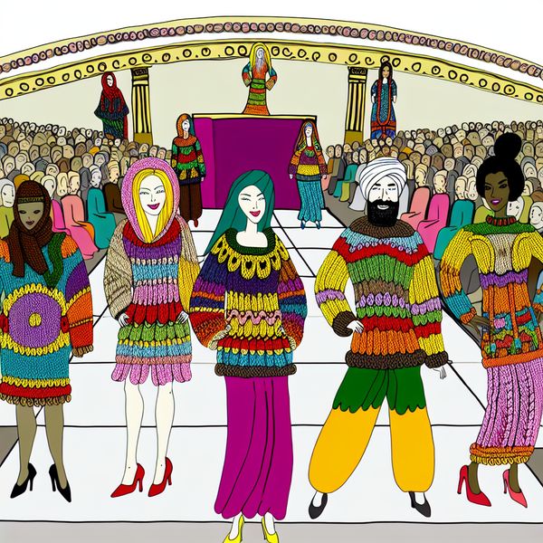 Cartoonachtige scène van een mode show met modellen op een catwalk die kleurrijke, gebreide truien tonen met ingewikkelde patronen.