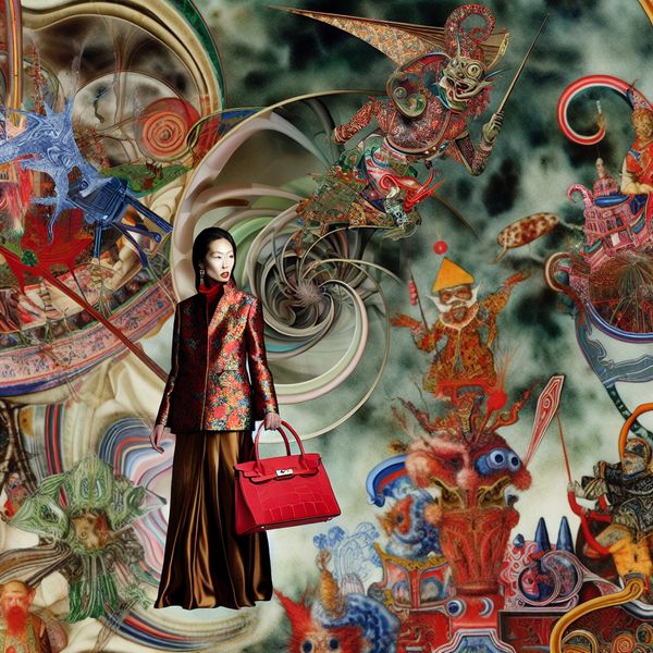 Modebewuste vrouw met rode handtas in surrealistische setting Surrealistische afbeelding van een modebewuste vrouw in een indrukwekkende outfit met een opvallende rode handtas, omringd door bizarre wezens en fantastische elementen.