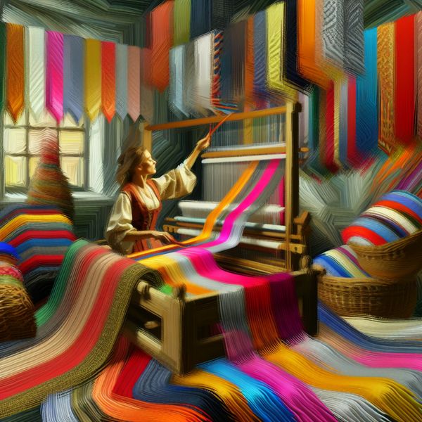 Modeontwerper aan het werk met kleurrijke stoffen Een modeontwerper aan het werk met kleurrijke stoffen en een weefgetouw.