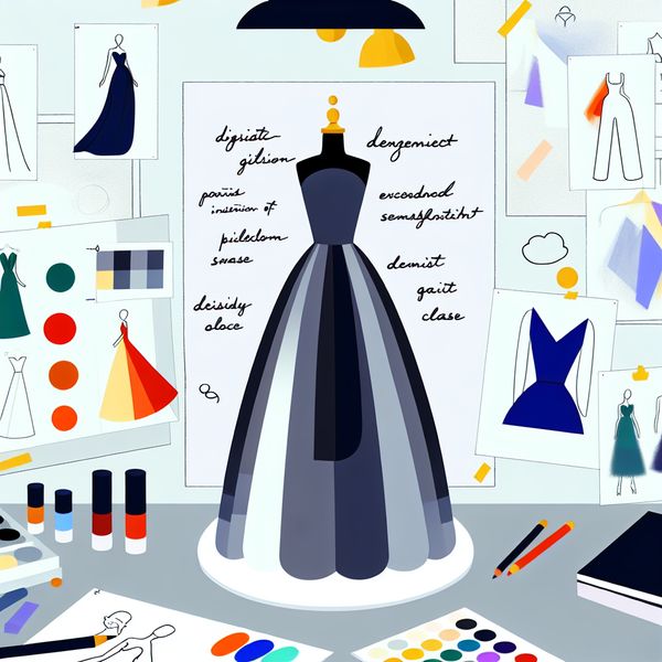 Minimalistische Modeontwerperstudio met Baljurk Minimalistische illustratie van een modeontwerperstudio met een mannequin in een elegante baljurk, omringd door moodboards en kleurenstalen.