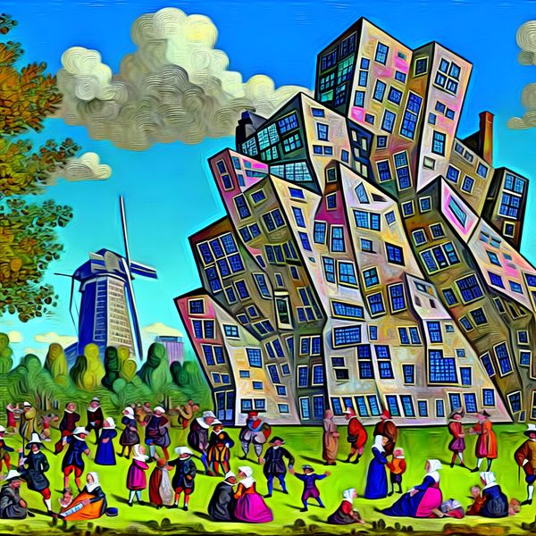 Een modern gebouw met dynamische, abstracte vormen en levendige kleuren, omringd door kinderen die spelen en volwassenen die met elkaar praten.