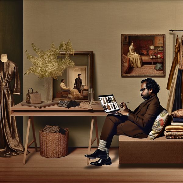 Een persoon winkelt online aan een modern bureau met een laptop en mode-items op het scherm.