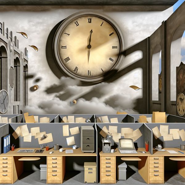 Hyper-realistisch kantoor met een grote muurklok die verschillende tijden voor elke werkdag toont