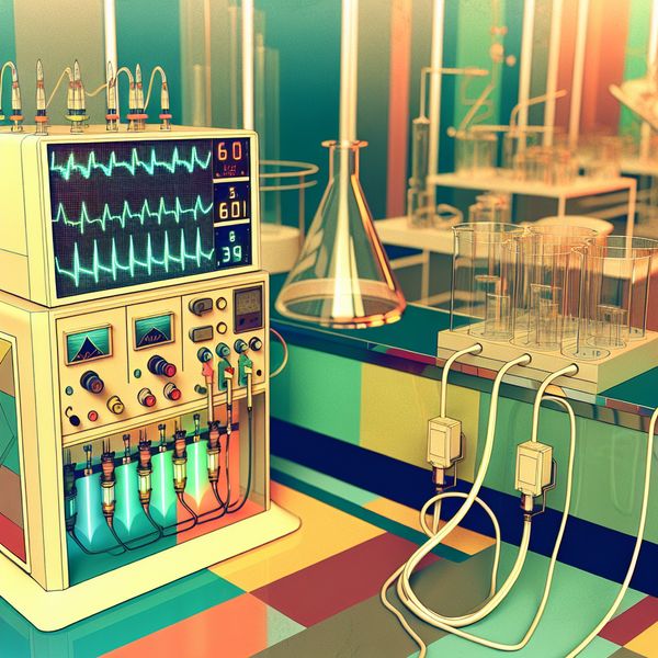 Retro-futuristisch Laboratorium met Elektrocardiogrammachine Moderne retro-futuristische laboratorium met een elektrocardiogrammachine en elektroden op vloeistofcontainers.