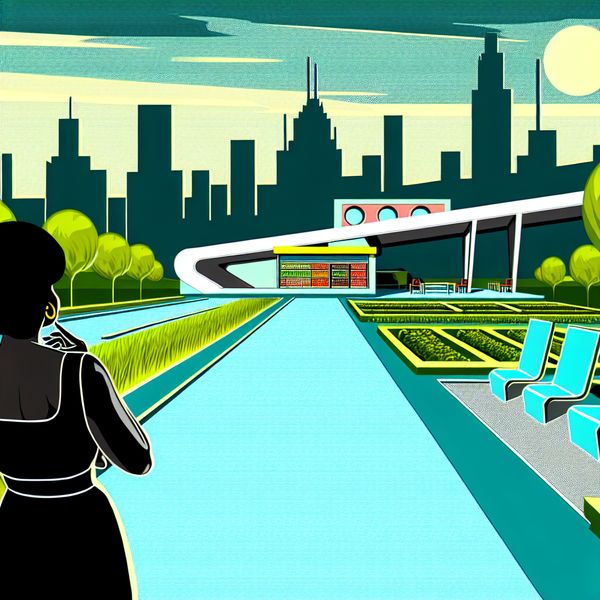 Modern Retro-Futuristisch Park in de Stad Een persoon staat aan de rand van een modern, retro-futuristisch park, kijkend naar een supermarkt in een drukke stad.