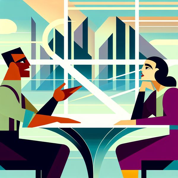 Modern Retro-futuristische Illustratie van een Gesprek Twee personen zitten aan een geometrisch tafel en voeren een levendig gesprek, met futuristische stadslandschappen op de achtergrond.