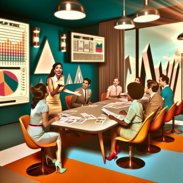 Modern Retro-Futuristische Kantoor Salarisonderhandeling Een moderne retro-futuristische kantooromgeving met diverse werknemers rond een conferentietafel tijdens een salarisonderhandeling.