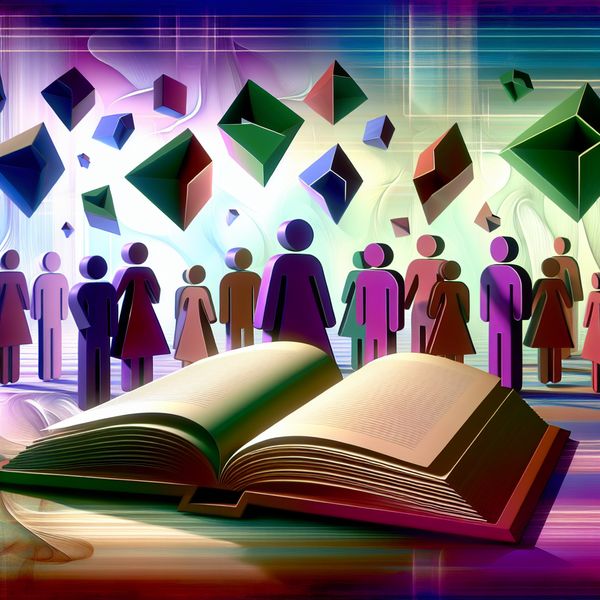 Modern Retro-Futuristische Boekomslag voor Onderwijs en Kennis Een kleurrijke boekomslag met een open boek omringd door zwevende geometrische vormen die studenten en kennis symboliseren.