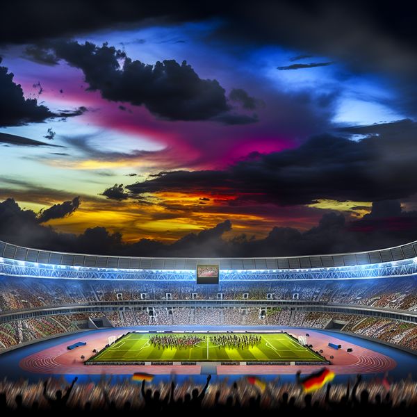 Nieuwe moderne stadion gevuld met fans tijdens sportevenement Dramatische illustratie van een modern stadion gevuld met juichende fans tijdens een sportevenement.