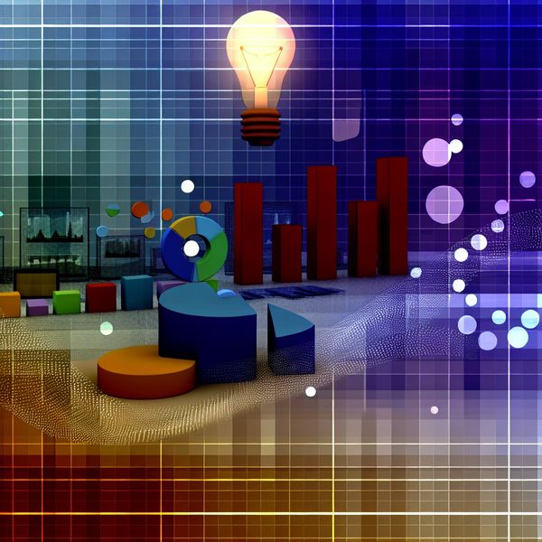 Moderne Abstracte Onderzoeksresultaten - Geometrische Statistieken Abstracte representatie van onderzoeksresultaten met geometrische vormen, zoals staaf- en cirkeldiagrammen, in een modern retro-futuristische setting.