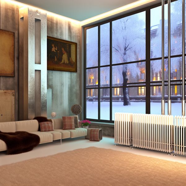 Moderne Appartement Verwarming voor een Cozy Winterse Sfeer Sfeervolle winterse binnenruimte van een moderne appartement met een stijlvol verwarmingssysteem en sneeuw buiten.