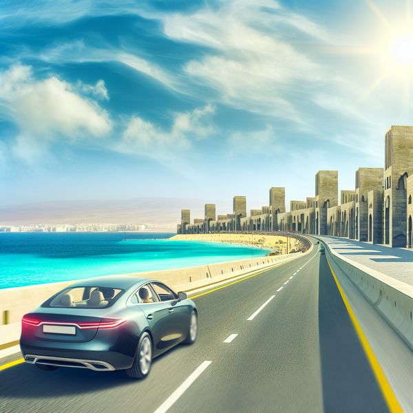 Moderne auto op kustweg naar zonovergoten strand Een hyper-realistisch beeld van een moderne auto die over een kustweg rijdt naar een zonovergoten strand, met een blauwe lucht en turquoise water op de achtergrond.