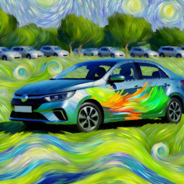 Moderne auto met lage brandstofconsumptie in Van Gogh-stijl Kunstzinnige weergave van een moderne auto met levendige kleuren die lage brandstofconsumptie symboliseert, omgeven door een groene landschappen.