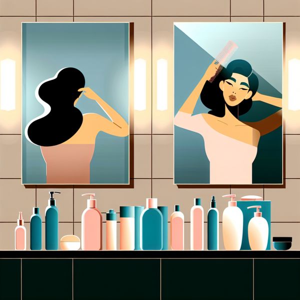 Moderne badkamer met haarverzorgingsproducten en stijlvolle spiegel Een stijlvolle vrouw in een modern badkamer met een spiegel, verzorgt haar haar met een kam, omringd door haarverzorgingsproducten.