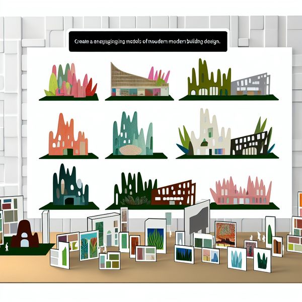 Moderne Bouwontwerpen: Creatieve Diversiteit in Architectuur Verschillende modellen van moderne gebouwen met unieke architectonische stijlen en kleuren, tegen een minimale witte achtergrond.