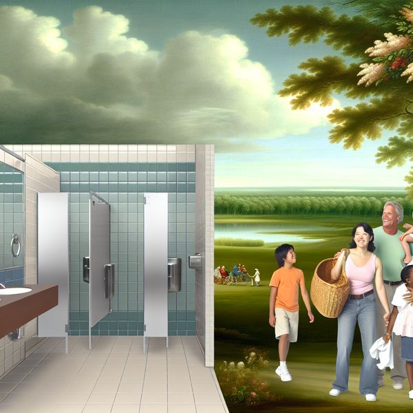 Moderne Campingfaciliteiten met Douches en Toiletten Een serene camping met moderne douches en toiletten, waar een gelukkige familie van kampeerders geniet.