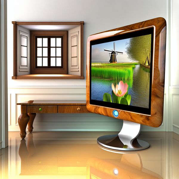 Digitale afbeelding van een serene interieurscène met een computer monitor op een glossy houten bureau, verlicht door diffuus daglicht.