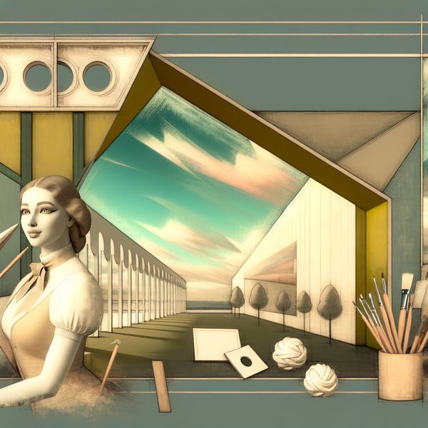 Moderne interpretatie van een dochter van een beroemde kunstenaar Een jonge vrouw in retro-futuristische stijl, elegant gekleed met artistieke elementen zoals kwasten en doeken, staande voor een geometrische achtergrond.
