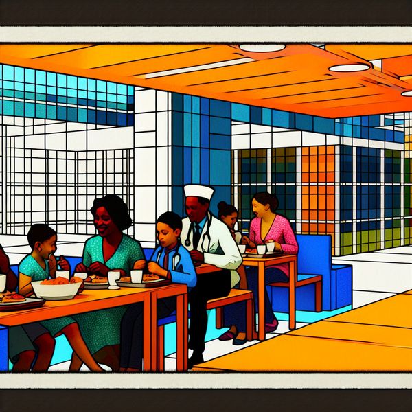 Moderne Eetgelegenheid in Ziekenhuis Gezin geniet van maaltijd in modern ziekenhuisrestaurant met retrofuturistische stijl, ontwerp van Jan van der Veken.