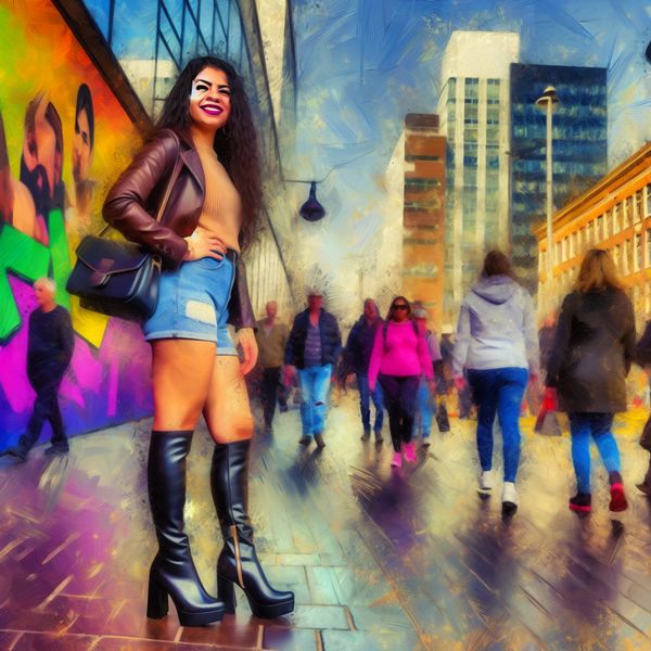 Moderne enkelhoge leren laarzen voor vrouwen in de stad Jonge vrouw in trendy enkelhoge leren laarzen poseert voor een kleurrijke graffiti-muur in een drukke stedelijke omgeving.