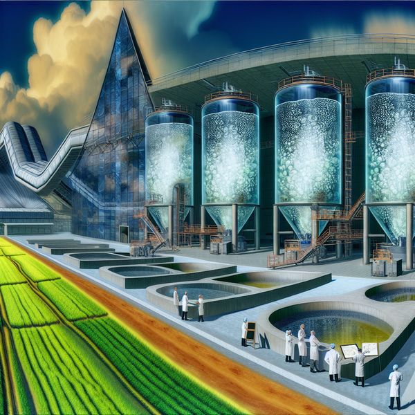 Hyper-realistische afbeelding van een moderne industriële faciliteit voor fermentatieprocessen met wetenschappers in labjassen en transparante tanks