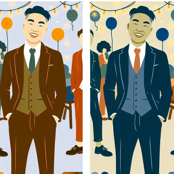Moderne jasje-dasje kledingstijl voor mannen op feest Een man in een modieuze jasje-dasje outfit op een feestje, omringd door ballonnen en feestdecoraties.
